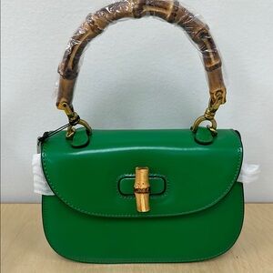 Green Leather Handbag with Bamboo Handle